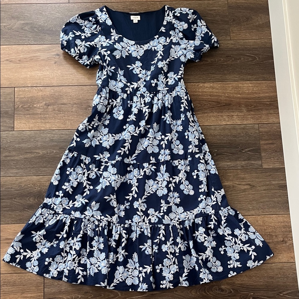J. Crew Midi Tiered Floral Blue Dress Sz 4